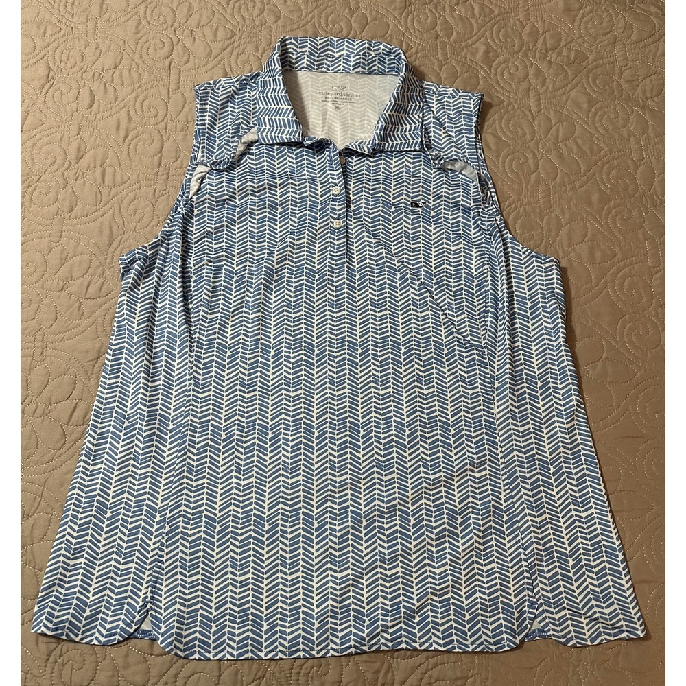 Vineyard Vines Sleeveless Performance Ruffled Polo Shirt Size XL, Blue White